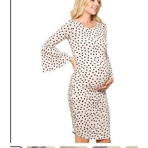 My Bump Maternity Dress, Polka Dot Bell Sleeves Body Con Dress,taupe And Black L